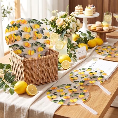 Image of Geelin 50 Pcs Lemon Pattern Fans Acrylic Baby Shower Handheld Favor Fans for Guests Summer Fruit Baby Shower Wedding Bridesmaid Gift for Hot Outdoor Ceremony