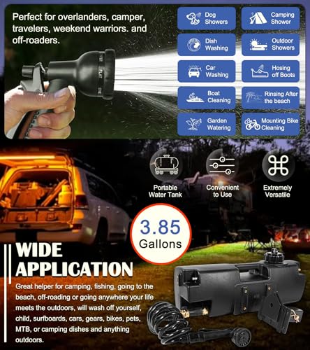 Image of 4.0 Gallon Self-Pressurized Water Tank - Portable Camping Shower Water Container w / Spray Hose, Trucks & Off-Road Vehicles Water Storage for Outdoor, Hiking, Emergency Storage, Bumper Mount /Bed Mount