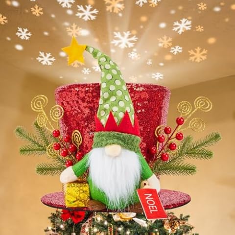 Red Christmas Tree Topper Hat Lighted 3D Christmas Projector Rotating Snowflake Projector LED Lights Green Santa Gnome Tree Topper Hat Christmas Tree Decoration Top Hat Ornaments Xmas Home Party Decor Cover