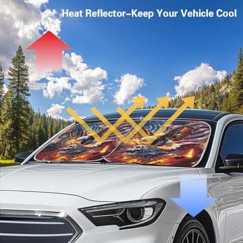 Image of 2 PCS Car Windshield Sun Shade Foldable Skull Eagle 250th Anniversary Automotive Front Window Sunshade Blocks UV Rays and Keeps Vehicle Cool Universal Fit Most Cars SUV Truck Van