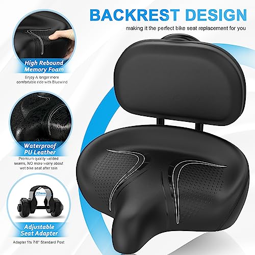 Image of BLUEWIND Oversized Bike Seat with Backrest, Design for Electric Bike, High Memory Foam of Bicycle Seat Replacement for Tricycle for Men & Women (Black with Backrest)