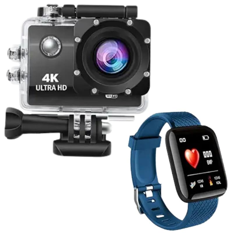 Drumstone Combo Pack of 2 Items Touch Screen Sports Action Camera, 4K Waterproof Sport Camera,16MP with D116 Smartwatch Bracelet Fitness Tracker Heart Rate Step Counter Activity Monitor Band Wristband