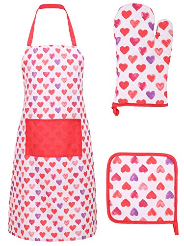 Livingston Aprons for Women with Pockets Kitchen Apron, Glove, and Potholder Set,Pink Purple