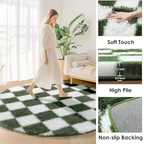 Image of KICMOR Round Rug 4ft Olive Green and White Circle Area Rug, Fluffy Soft Fuzzy Shag Shaggy Bedroom Living Room Carpet, Indoor Checkered Circular Rugs for Kids Boys Girls Home Decor Aesthetic, Nursery