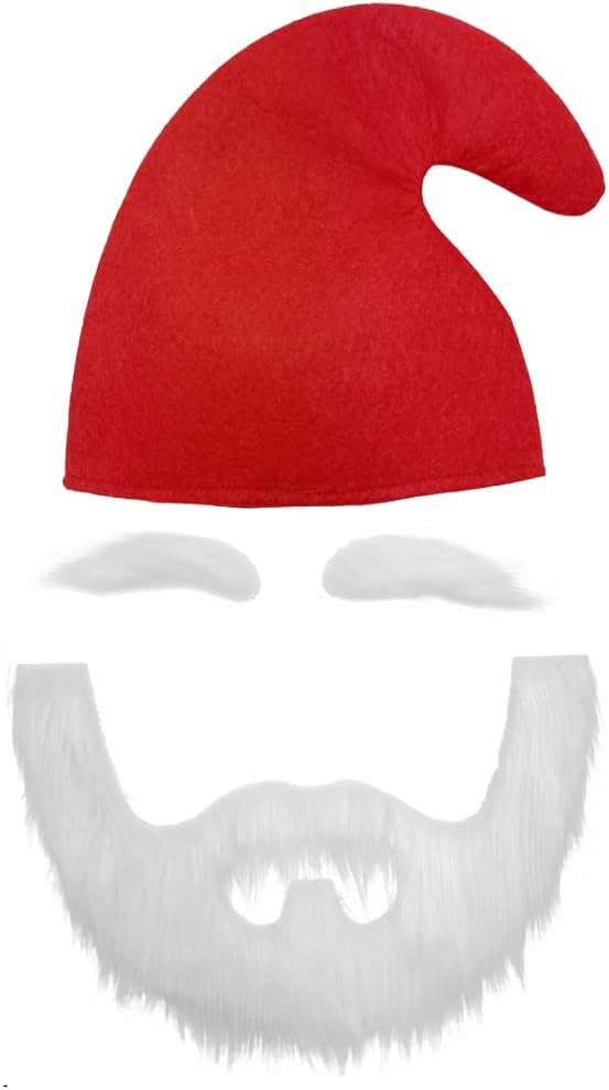 Red Elf Hat with White Beard and Mustache Eyebrows for Cosplay