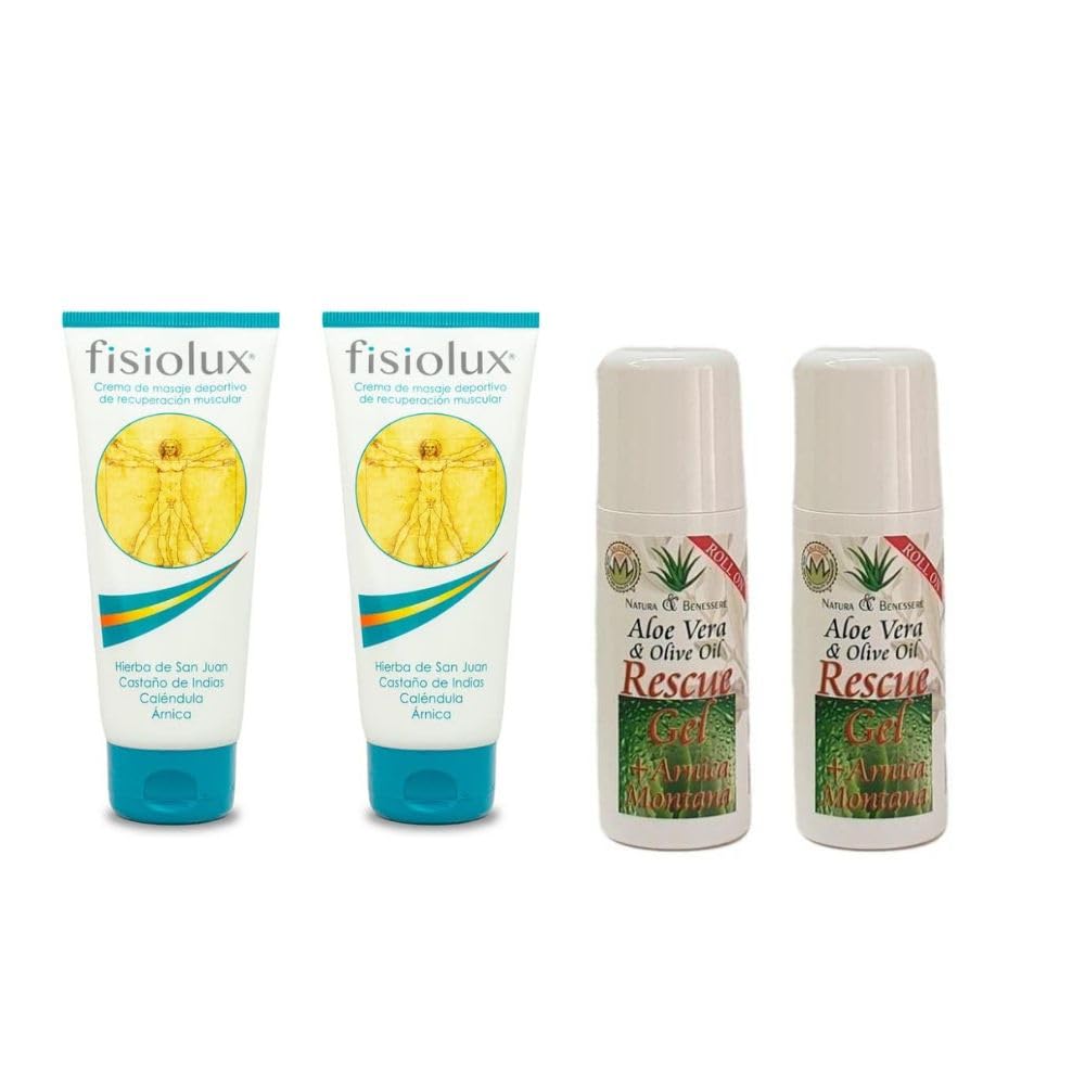 Crema Fisiolux Para Masaje Deportivo Y Recuperación Muscular 200 Ml Alivio en Golpes Inflamación Artrosis Artritis Pack 2 Unds + Pack 2 UNds Roll ON Rescu Gel