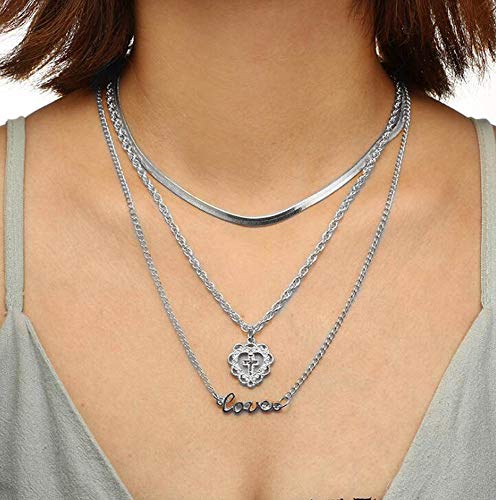 Preisvergleich Produktbild Jovono Böhmen Mehrschichtige Chokerhalsketten Kreuz Liebe Anhänger Halskette Kette Schmuck für Frauen und Mädchen(silber)