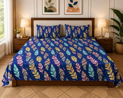 Image of Premium Double Queen Size Bedsheet with 2 Pillow Covers - Vibrant Feather Print, Soft & Breathable Cotton Blend, 90 x 100 Inch (228 x 254 cm)