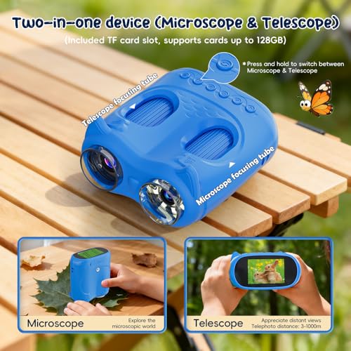 2-in-1 Mikroskop für Kinder und Fernglas für Kinder, Temodu 4K 2.0\ Bildschirm, 1000X USB tragbares Taschenmikroskop, Wiederaufladbares Tragbares Fernglas, Science draussen ab 3 Jahren (Blue)