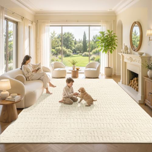 Yamaziot 8x10 Washable Area Rug, High-Low Grid Textured Living Room Rugs, Soft Fluffy Non-Slip Mats Stain Resistant Contemporary Bohemian Carpet for Dining Room, Kids Nursery Room, Bedroom, Office