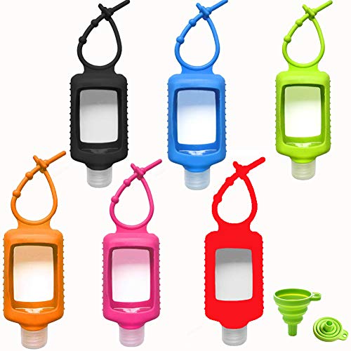Image of MEMOVAN Travel Plastic Clear Bottles with Silicone Sleeve 6 Pack, Pocket Hand Sanitizer Bottle Refillable Bottle with Keychain Holder, 2oz/60ml Leakproof Empty Squeeze Container Flip Cap, Random Color