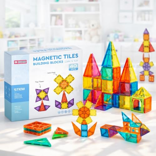 Image of Storio 3D Magnetic Tiles Building Blocks for Kids 3-8 Years - 40 pcs | STEM Learning Educational Toy | Creative Construction Toys | Preschool Brain Development Toy | Birthday Gift for Boys & Girls