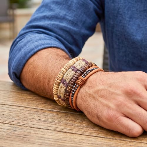 Image of THE MEN THING RUSTBORNE - 4 Pcs Brown Genuine Leather Adjustable Bracelet Set for Men & Boys (8 inch)
