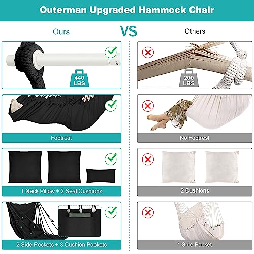 Image of Outerman Hammock Chair, Hanging Chair with 3 Cushions and Foot Rest Support, Durable Metal Spreader Bar Max 500Lbs, Swing Chair for Bedroom, Indoor & Outdoor, Patio, Porch or Tree(Black)