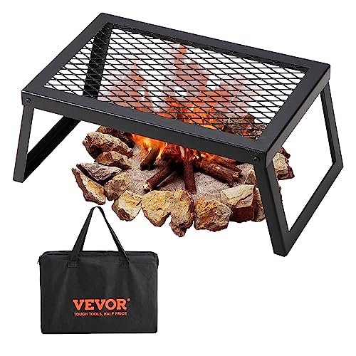 VEVOR Folding Campfire Grill, 18' Portable Camping Grates Over Fire Pit, Heavy Duty Steel Mesh Grate, Camp Fire Cooking Equipment with Legs Carrying Bag, Grilling Rack for Outdoor Open Flame Cooking
