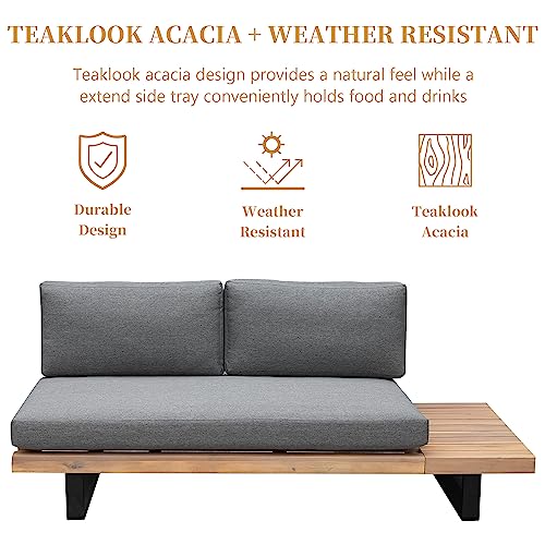 NORDICANA 5-Seater Patio Sofa Teak Look Acacia Garden Lounge Corner Set with Side Coffee Table, Grey Washable Linen Cushion, Aluminum Frame