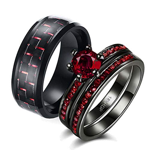 Two Rings His and Hers Couple Ring Bridal Set His Hers 3pc Women Black Gold Filled Red Cz Man Stainless Steel Wedding Ring Band Set