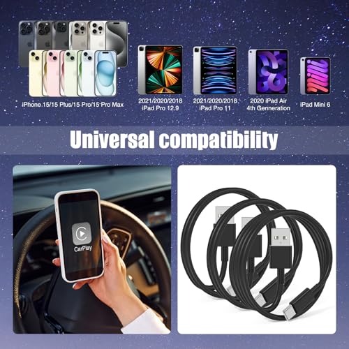 Image of 3-Pack Black [3.3FT+3.3FT+6FT] USB A to USB C Cable，USB to USB C Car Carplay Cable for iPhone 16 15 Pro Plus Pro Max，for iPad Pro /Air /Mini，for Samsung S24 /S23 /S22 /S21，for MacBook Pro /Air and More