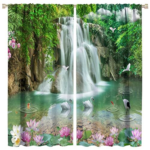 Waterfall Deocr Curtain, Japanese Style Waterfall Mountain Cloud Boat Flower Dreamy Scenes Home Decor Windows Rod Pocket Curtain for Living Room Nursery Boys Girls Bedroom Window Drapes 42