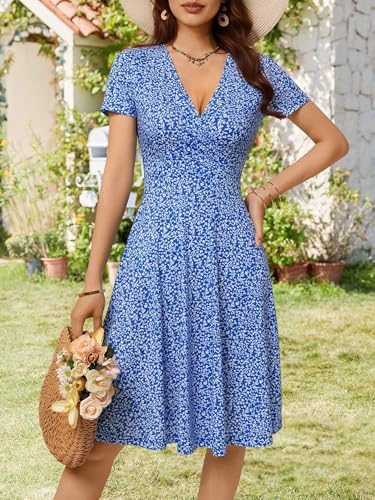 Image of MSBASIC Womens Summer Wrap V Neck Casual Dresses Floral Short Sleeve A-Line Midi Sundress