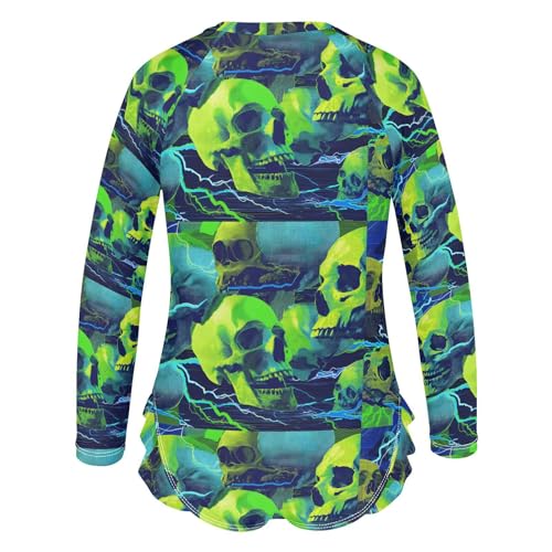 ALAZA Green Sugar Skull Neon Girls One Piece Swimsuit Long Sleeve Rash Guard Swimsuits UV 50+ Swimwear Zipper3
