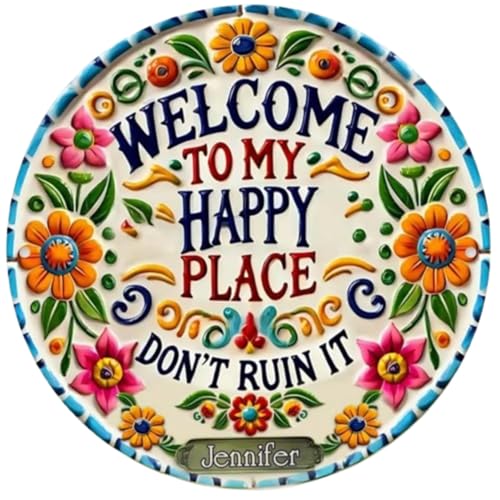 Happy Place Round Tin Sign 12 inch, Retro Wall Decor for Cafe Garden, Cute Welcome Message Metal Print for Indoor (Colorful2,30 * 30com)