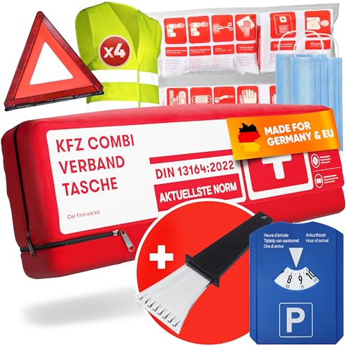 KFZ All-in-One Set - Kombitasche + Warnwesten 4er Set + Eiskratzer + Parkscheibe - Auto Zubehör Must haves Verbandskasten Auto 2025 Warndreieck Erste Hilfe Set
