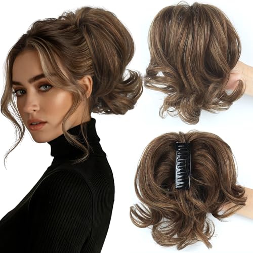 Ponytail Extension Human Hair, Extensión de cola de caballo con clip de barbilla, ondulado, rizado, clip de pelo humano, con piezas metálicas flexibles, piezas de pelo para mujeres, mechones de 30 cm