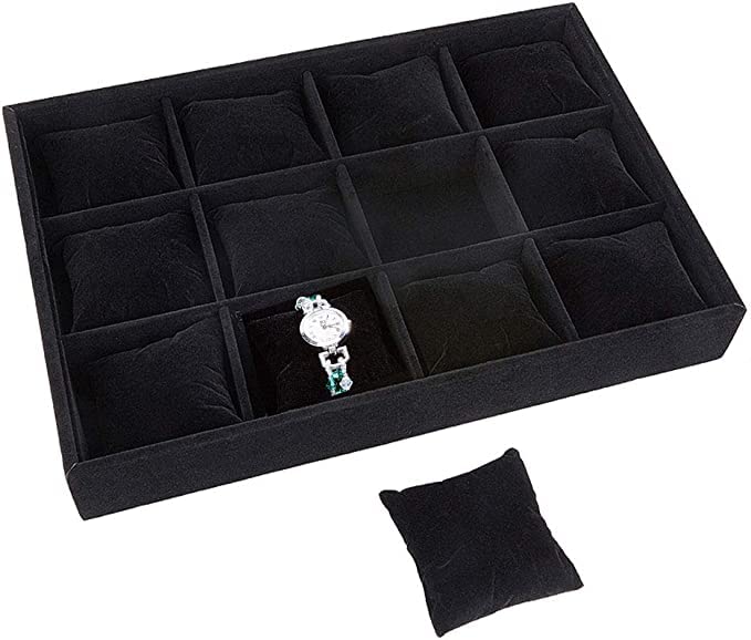 DOOR STEP SHOPPING 12 Watch Velvet Jewelry Drawer Organizer Tray Stackable Jewelry (Black)