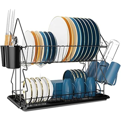 Flow fire 2 Tier Kitchen Dish Drainer Rack with Drip Tray Cutlery Holder Plate, Dish Drying Rack with Draining Board, Kitchen Drainers for Dishes, Dish Drainers for Kitchen Counter Cover