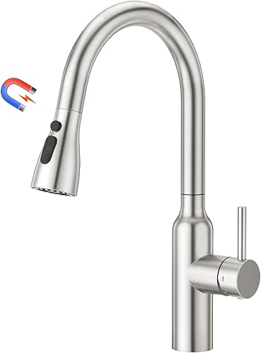 CREA Grifos de cocina con rociador extraíble, grifos para fregadero de cocina, pequeños de arco alto RV de acero inoxidable con una sola manija