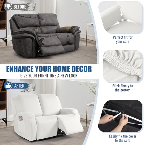 Image of TAOCOCO Recliner Loveseat Slipcover, 2 Pieces Polyester Fabric Stretch Sofa Covers for 2 Seat Reclining Couch, Soft Washable Furniture Protector with Pockets (2 Seat, Milk White)