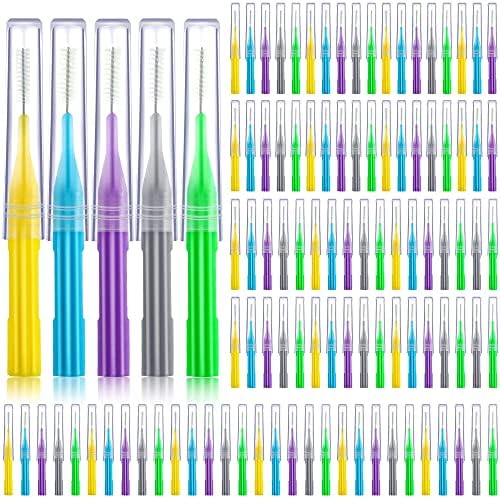 100 Pieces Braces Brush for Cleaner Interdental Brush Toothpick Dental Flossing Head Oral Hygiene Flosser Tooth Cleaning Tool (Light Blue, Yellow, Gray, Purple, Green)