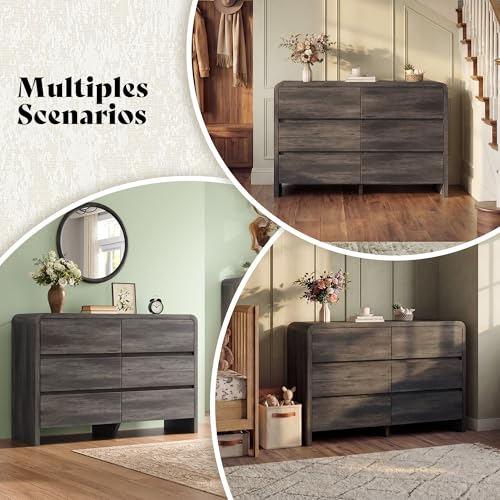 Image of AMERLIFE 6 Drawer Dresser for Bedroom, 49 inch Long Modern Chest of Storage Drawers with Rounded Corners, Anti-Tip Kit, Wood Cabinet Organizer for Closet, Bedroom, Apartment, Nursery, Easy Assembly, Black