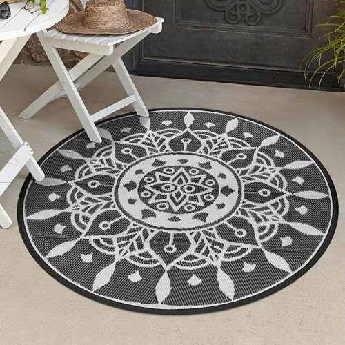 NUU GARDEN 5'x5' Round Outdoor Rug, Reversible Plastic Straw Mat