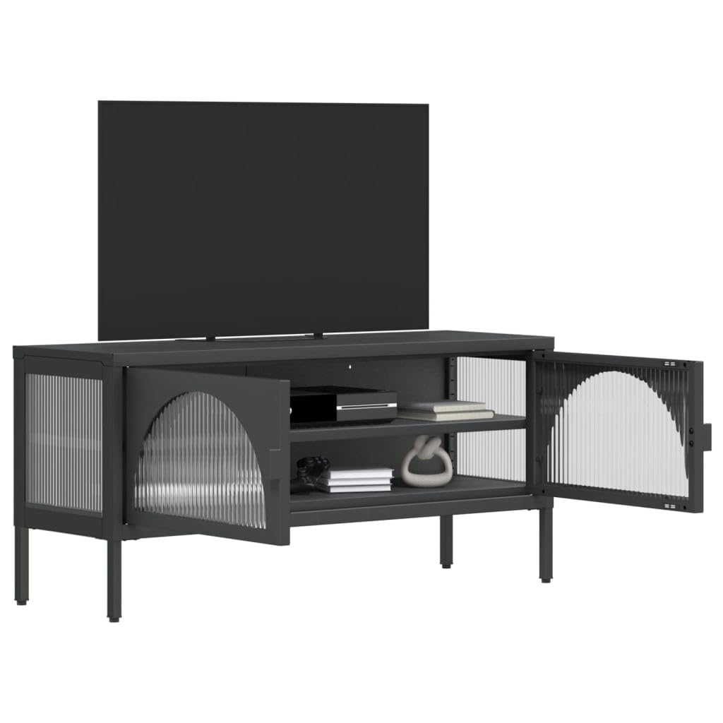 Szafka pod telewizor czarna, 105 x 35 x 50 cm, szkło ryflowane, stal malowana proszkowo, centrum rozrywki, stabilny stojak pod telewizor do salonu, sypialni
