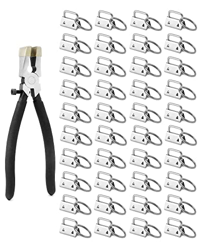 QWORK 40 piezas en blanco de cordón plateado con llavero y 1 alicate de engaste, para correas de 25 mm de ancho