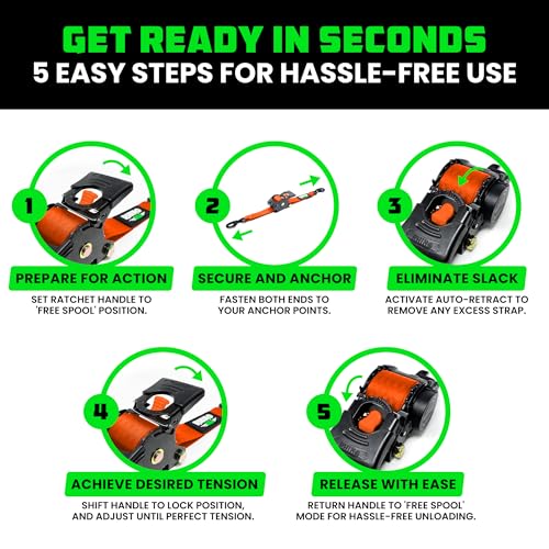 Image of Rhino USA Retractable Ratchet Straps (2-Pack) - 2 Inch x 10 Feet (3,033lb Break Strength) - Heavy Duty Auto Self Retracting Tie Down Straps for Truck, Cargo Trailer, Motorcycle, Rad & More - Orange