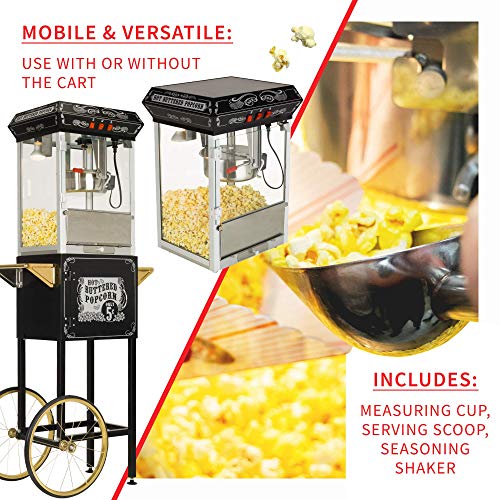 Image of Funtime Sideshow Style 8oz. Black & Gold Hot Oil Popcorn Machine with Cart and Starter Kit