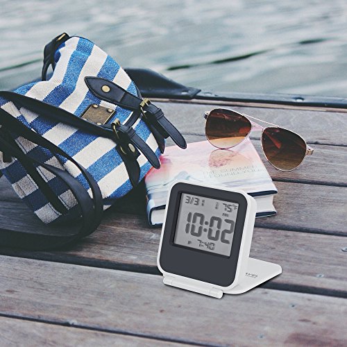Egundo Small Digital Travel Alarm Clock, Battery Operated Mini Travel Clock With Backlights, Portable Folding Mini Pocket Clock With Temperature Calendar For Outdoor Kids Table Cars Camper (White) #TOP1
