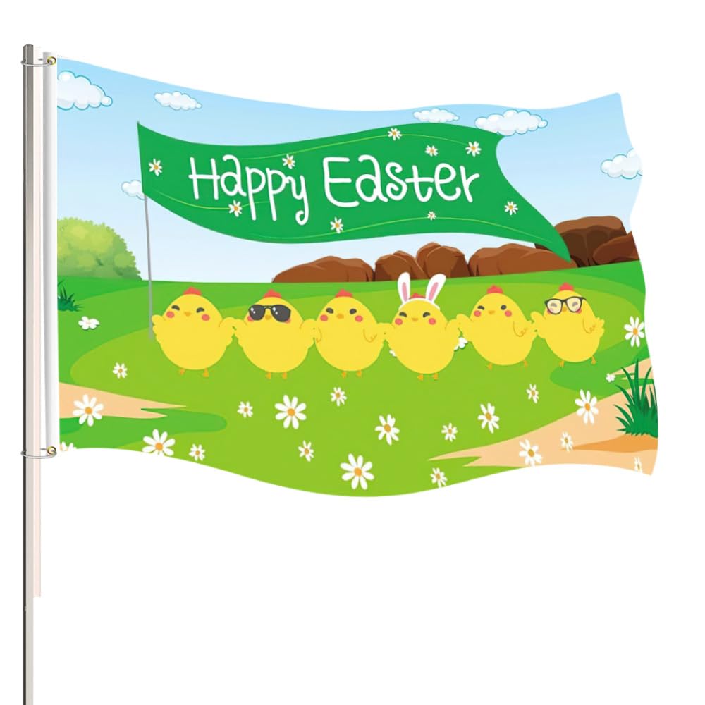 Happy Easter Flag 5ft x 3ft Easter Flag Bunting with Two Brass Grommets Colourful Eggs Flag Bunting for Festival Party Easter Gardens Home Indoor Outdoor Decoration