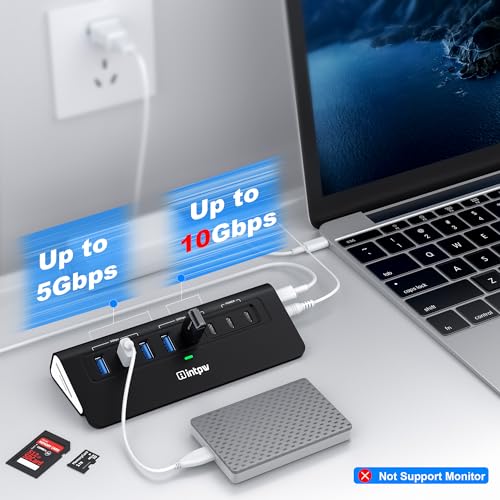 Image of Powered USB Hub 10Gbps, Intpw YH6AC Plus 10 Port USB 3.2 Hub(USB A /USB C 3.2+3 USB-A 3.0+2 PD 45W Fast Charging Port+SD /TF Card Reader), 65W Power Adapter,Aluminum USB HUB for PC,Laptop,iPhone 17 /16