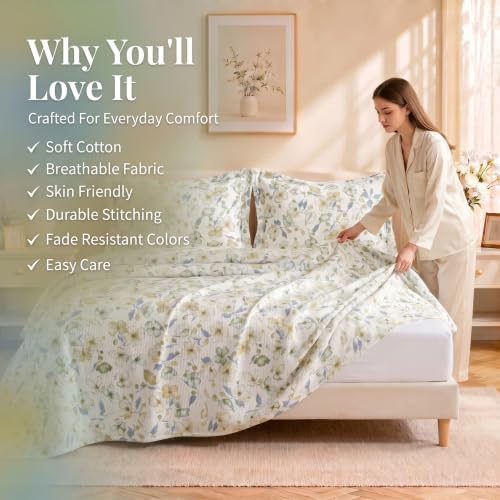 Image of SANMARINO Cloud Cotton 210 TC King Size Bedsheet with 2 Pillow Covers | Ultra Soft & Breathable | Floral Design Bedding Set | Hotel-Quality Comfort for a Luxurious Sleep | 270 x 250 cm | Eucalyptus