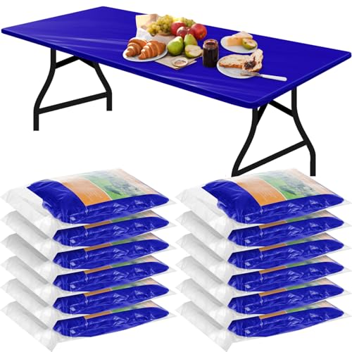 Image of Boao 12 Plastic Elastic Fitted Tablecloths, 8 Ft, 96 x 30 Inch, Navy Blue
