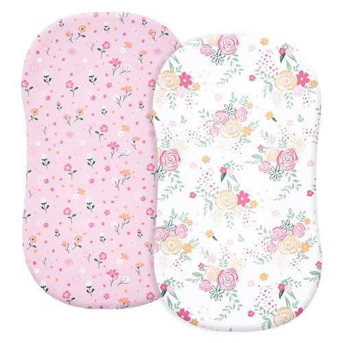 Image of PHF Soft Bassinet Sheet Set, 2 Pack Silky Comfy Breathable Cradle Sheets for Baby Boys Girls, Univeral Fit for Most Oval Rectangle Cradle and Bassinet Mattress/Pad, Rose Floral