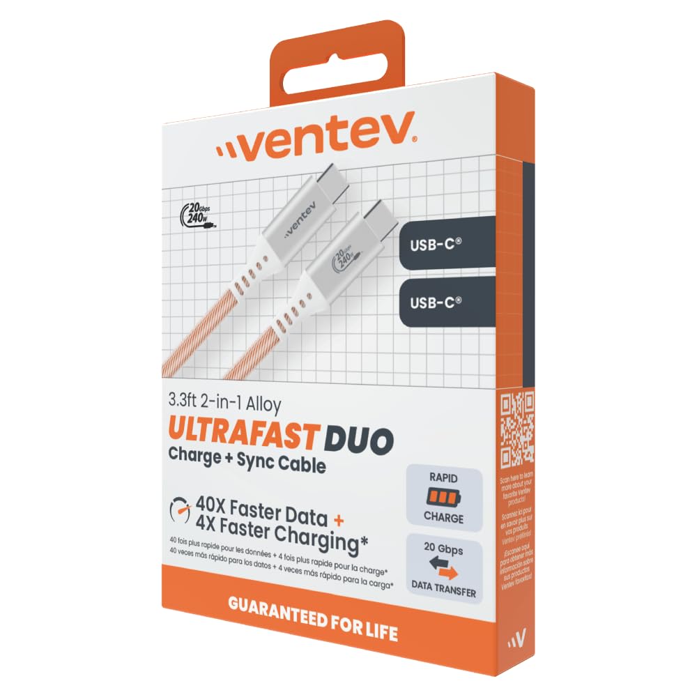 Ventev ULTRAFAST Duo USB-C a USB-C 2-in-1 ad alta velocità e trasferimento dati ultra resistente cavo da 0,9 m