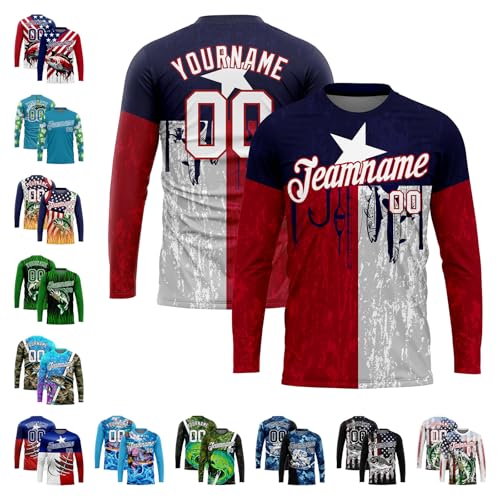 Custom 3D Fish Hook Fishing Equipments Pattern Designed Cool Performance T-Shirt, Print Your Own Fashion Navy White-Red Three Tone Long Sleeve Gym Team Jerseys Shirt with Name Number Logo Text