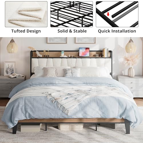 LIKIMIO California King Bed Frames, Storage Headboard with Charging Station, Solid and Stable, Noise Free, No Box Spring Needed, Easy Assembly, Wood and Cream