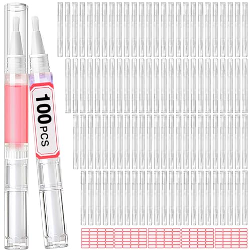 DupakSYS Nail Oil Pen 100Pcs 3ml Empty Cuticle Oil Pen Travel Transparent Twist Pens with Brush Tip for Nail Eyelash Growth Liquid Tube Cosmetic Lip Gloss Container Applicators + 120pcs Label