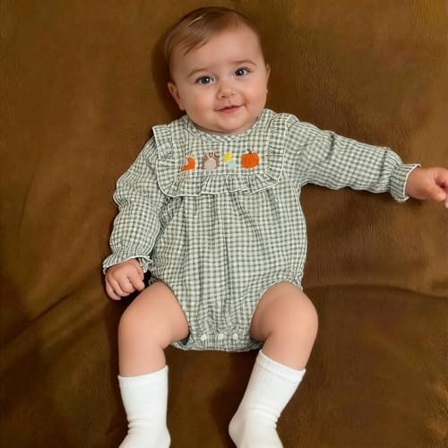Baby Girl Thanksgiving Outfit - Turkey Embroidered Long Sleeve Plaid Bubble Romper - Cute Infant Girl Fall Clothes2